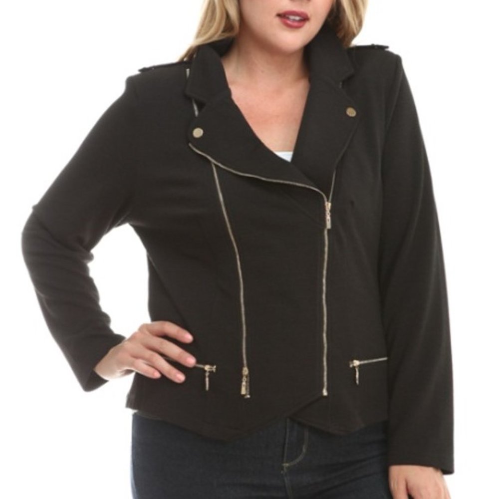 Stylish Black MOTO Jacket with Gold Hardware Plus Size